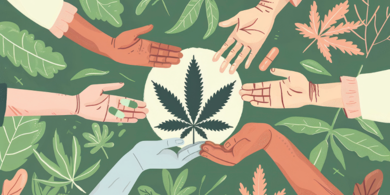 Over an earthy green background are various plant leaves filling the blank space, an animated graphic of hands reaching towards a cannabis leaf, pictured center.