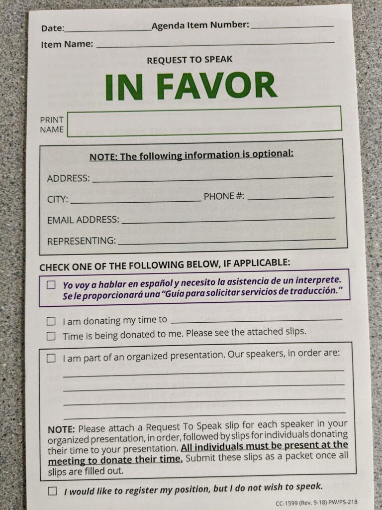 "In Favor" speaker slip