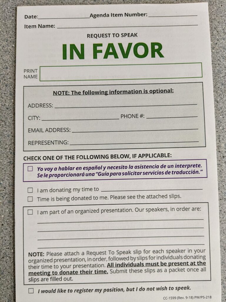 "In Favor" speaker slip