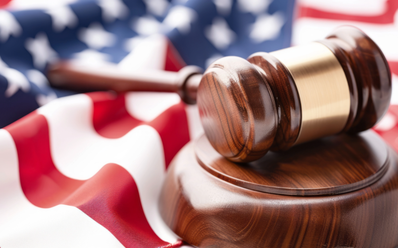 A gavel resting on an American flag.