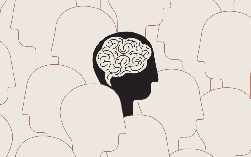 Among illustrated outlines of people's faces, one stands out in black.