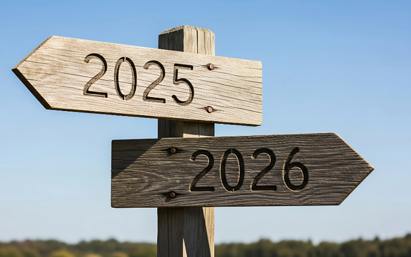 Two sign posts—one pointing left that reads 2025, and the other pointing right that reads 2026.